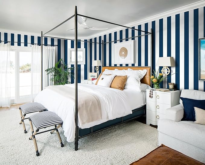 Guvana 394"x17.7" Striped Peel and Stick Wallpaper Blue and White Self-Adhesive Wallpaper DIY Removable Contact Paper Navy Blue Waterproof Wall Paper for Bathroom Kitchen Cabinets Decor Vinyl Roll