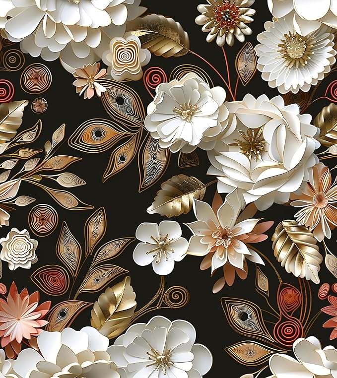 Vintage Wallpaper Peel and Stick Dark Floral Contact Paper 17.5in x 118in White Gold Flower Wallpaper Vinyl Waterproof Self Adhesive Boho Leaf Botanical Wall Paper for Bedroom Cabinet Table Decoration