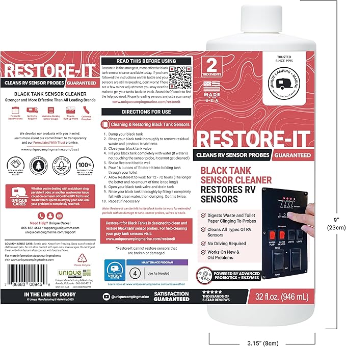Unique Restore-It RV Sensor Cleaner Liquid - Cleans and Restores Misreading Sensor Probes by Removing Stuck-On Waste in Black Tanks - 2 Treatments Per Bottle (32 oz)