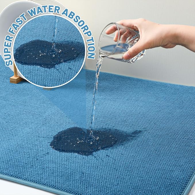 Hushee 2 Pack Extra Large Dish Drying Mat Microfiber Absorbent Dish Drying Pad Large Size Dishes Drainer Mats for Countertop, Sink, Refrigerator or Dryer (30 x 24 Inch,Blue, Gray)