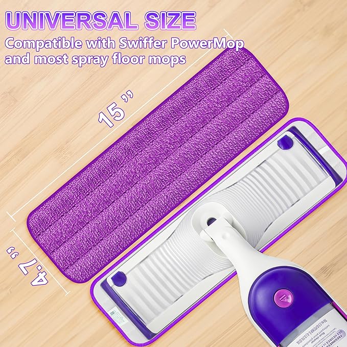 6 Pack Reusable Mop Pads for Swiffer PowerMop, Power Mop Pads 15'' Microfiber Refills for Hardwood Floor Cleaning, Machine Washable Dry Wet Use for All Floor Types