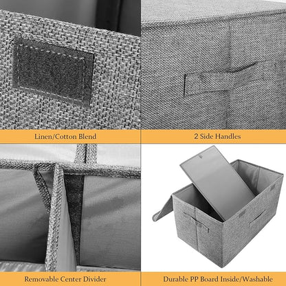 2 Pack Storage Boxes with Lids and Handles, Collapsible Linen Storage Bins Organizer Containers Baskets Cube with Removable Divider for Home Bedroom Closet Office (Cream, Large)