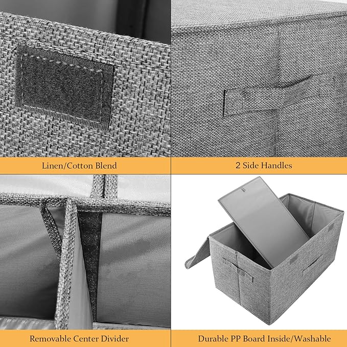 2 Pack Large Storage Boxes with Lids and Handles, Collapsible Linen Storage Bins Organizer Containers Baskets Cube with Removable Divider for Home Bedroom Closet Office (Orange, Small)