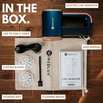 Electric Lint Remover - Rechargeable Fabric Shaver for Clothes & Couch - Adjustable 3-Speed, 6-Leaf Blade, LED Light, USB Charging - Depiller with Dual Protection (Cobalt Blue/Copper)