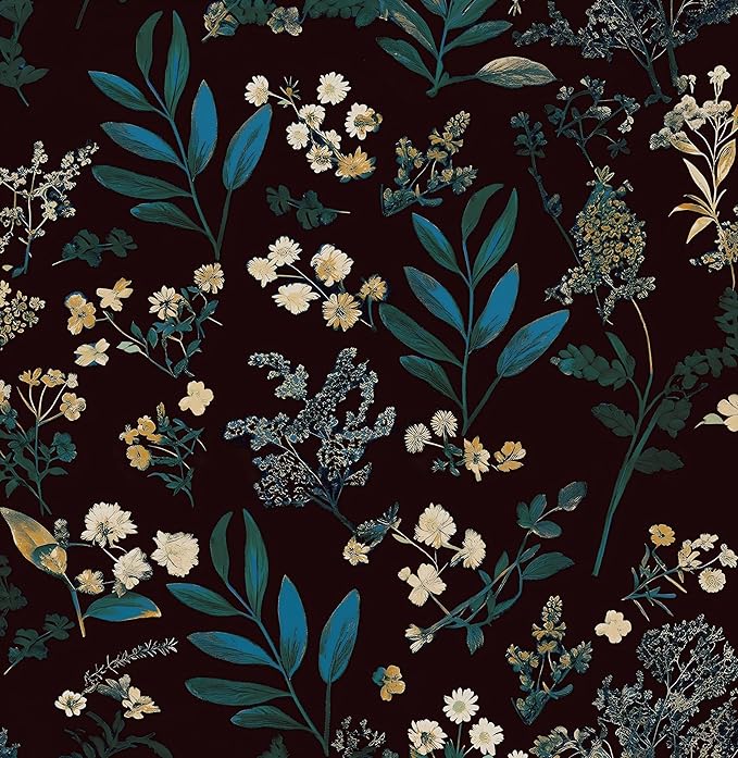 Laatse Vintage Wallpaper Peel and Stick Dark Green Floral Wallpaper 17.5'' x 118'' Green Leaf Contact Paper Vinyl Waterproof Self Adhesive Boho Botanical Wall Paper for Bedroom Cabinet Décor