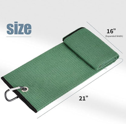 Mile High Life Tri-fold Golf Towel | 16" X 24" | Premium Microfiber Fabric | Waffle Pattern | with Heavy Duty Carabiner Clip | for Men and Women (2 Pack Green)