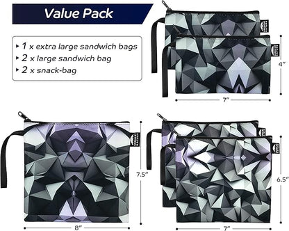 Nordic By Nature Reusable Sandwich Bag Snack Bags - Value Pack of 5 Dual Layer Lunch Baggies - Dishwasher Safe - Eco Friendly Cloth Wraps - Easy Open Zipper (Black Mosaic)