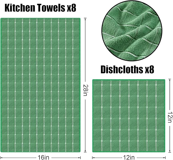 Homaxy Microfiber Kitchen Towels and Dishcloths Set, 20 Pack Soft and Absorbent Dish Hand Towels Bulk, 28 x 16 Inch & 12 x 12 Inch Quick Drying Rags for Washing Dishes, Grass Green