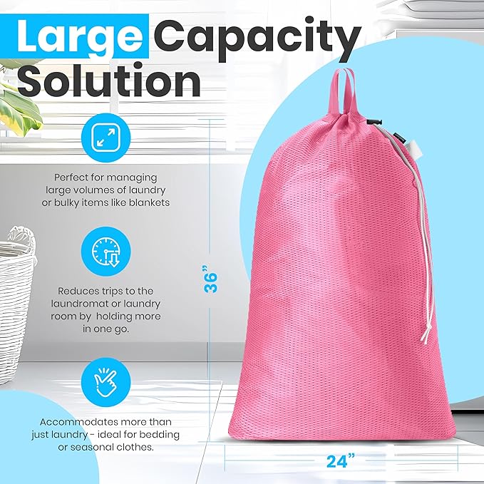 Handy Laundry Mesh Laundry Bag 24 x 36 Inches - Extra Large Heavy Duty Bag with Handles & Shoulder Strap, Breathable, Machine Washable for Dorm, Travel, Bedding & Storage - Pink