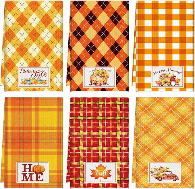 Zubebe 6 Pcs Thanksgiving Dish Towels 18 x 28 Inch Fall Kitchen Towels Hand Cotton Buffalo Plaid Pumpkin Autumn Decoration Truck Maple Leaf Sunflower Dishcloth for Farmhouse Home Cooking Baking