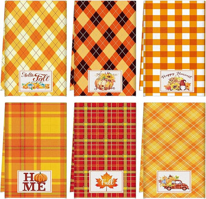Zubebe 6 Pcs Thanksgiving Dish Towels 18 x 28 Inch Fall Kitchen Towels Hand Cotton Buffalo Plaid Pumpkin Autumn Decoration Truck Maple Leaf Sunflower Dishcloth for Farmhouse Home Cooking Baking
