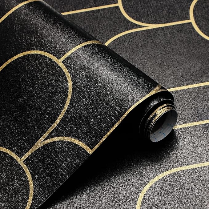 Yasinet Black and Gold Wallpaper Black Geometric Contact Paper Modern Stripe Removable Self Adhesive Wall Paper Decorative for Wall Bedroom Vinyl Film 17.3”x197”