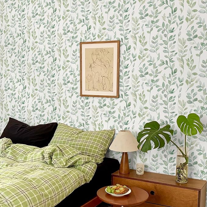 MelunMer Modern Leaf Peel and Stick Wallpaper Boho Green Contact Paper for Cabinets Self-Adhesive Removable Wallpaper for Bedroom Decor Botanical Contact Paper Bathroom Waterproof 590inL17.3inW