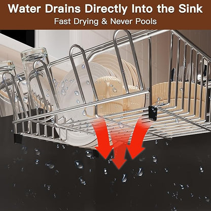 Over the Sink Expandable Dish Drainer Drying Rack In Stainless Steel for Small Kitchen, Counter Space Saving Modern Compact Metal Above Plate Dryer Strainer, Adjustable Hanging Inside Drain Holder