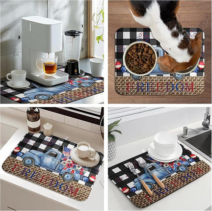 4th of July Buffalo Plaid Dish Drying Mat Patriotic Large Kitchen Mat Dish Drying Pad Absorbent Dish Dryer Mat for Kitchen Countertops Microfiber Drainer Pad Dish Drying Rack Mat (18x24 in)