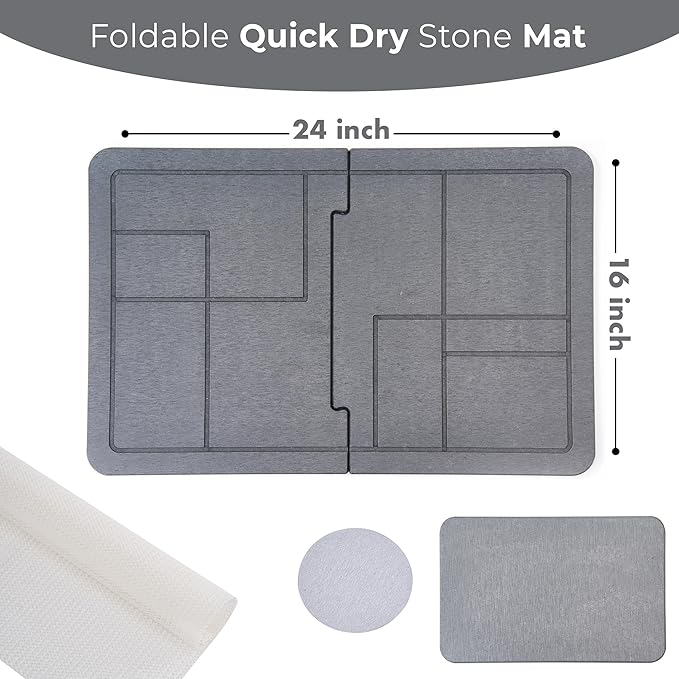 Large Stone Dish Drying Mat for Kitchen Counter, Dividable Quick Dry Stone Dishes Mats, Detachable Water Absorbing Diatomaceous Earth Drying Organizer Pad for Rack Bottles(Dark Gray 24"×16" & 8"x5")