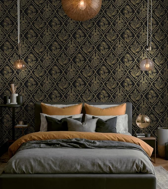 Toduso Peel and Stick Wallpaper Vintage Wall Paper Boho Contact Paper Black and Gold Floral Removable Wallpaper for Bathroom Bedroom Flower Waterproof Self Adhesive Vinyl Drawer Decor 17.3"x78.7"