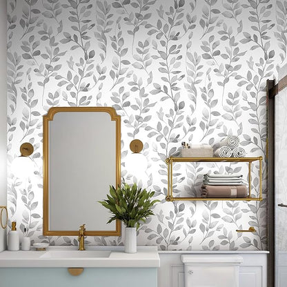 MelunMer Modern Grey Leaf Peel and Stick Wallpaper Boho Gray Contact Paper for Cabinets Self-Adhesive Removable Wallpaper for Bedroom Decor Botanical Contact Paper Bathroom Waterproof 393inL17.3inW