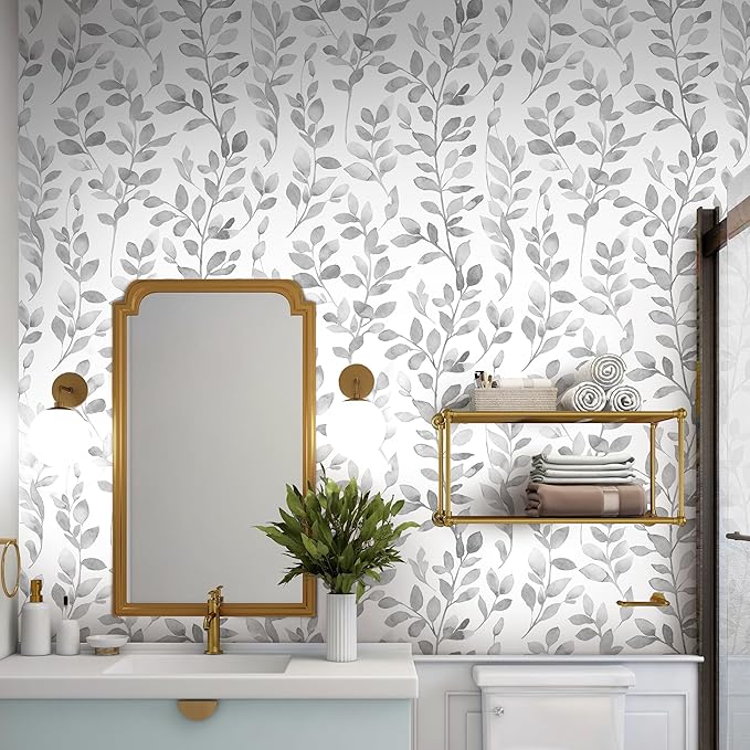 MelunMer Modern Grey Leaf Peel and Stick Wallpaper Boho Gray Contact Paper for Cabinets Self-Adhesive Removable Wallpaper for Bedroom Decor Botanical Contact Paper Bathroom Waterproof 590inL17.3inW