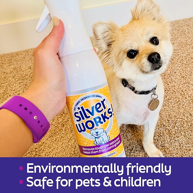SilverWorks! Pet Odor Eliminator Spray For Home - Safe, Natural, Silver Ion Deodorizer - Cat, Dog Smell And Urine Odor Eliminator For Carpet, Furniture And Litter -16.9oz