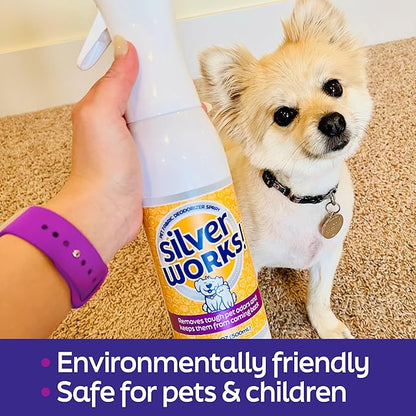 SilverWorks! Pet Odor Eliminator Spray For Home - Safe, Natural, Silver Ion Deodorizer - Cat, Dog Smell And Urine Odor Eliminator For Carpet, Furniture And Litter -16.9oz
