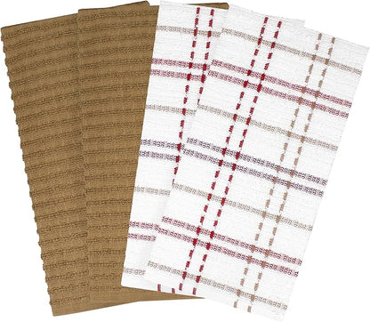 Ritz Royale Collection 100% Combed Terry Cotton, Highly Absorbent, Kitchen Towel Set, 13-3/4" x 12", 4-Pack, Solid & Checked, Mocha