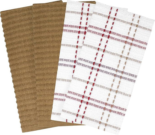 Ritz Royale Collection 100% Combed Terry Cotton, Highly Absorbent, Kitchen Towel Set, 13-3/4" x 12", 4-Pack, Solid & Checked, Mocha