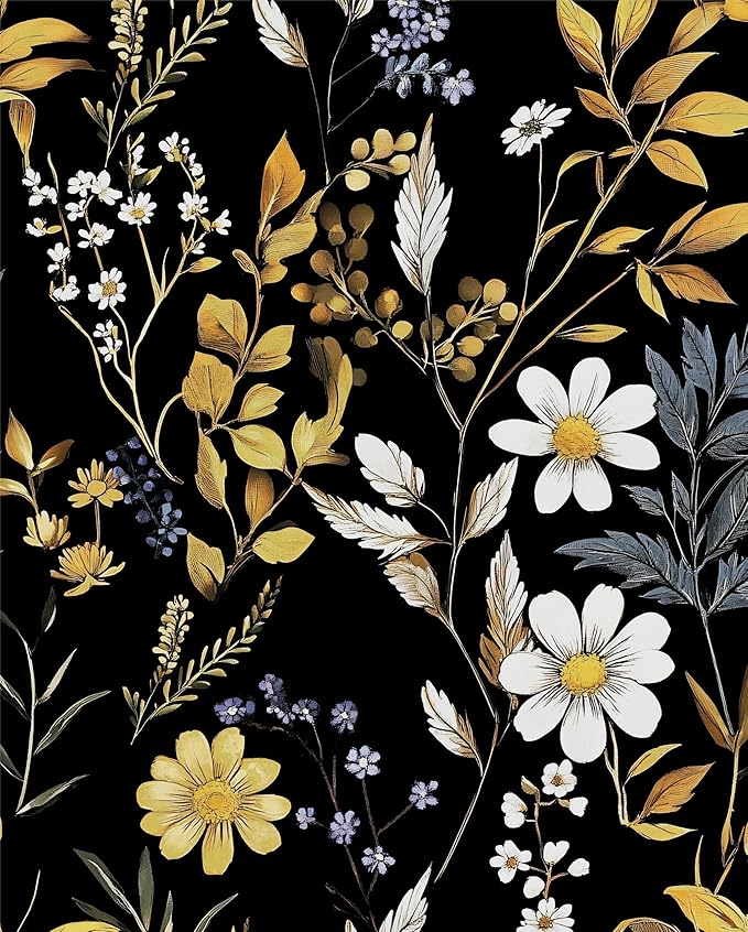 Drak Floral Wallpaper Peel and Stick Vintage Black Golden Wallpaper Vinyl Waterproof Self-Adhesive Removable Boho White Botanical Wall Paper Modern for Bedroom Walls Drawer Cabinet 17.5in x118in