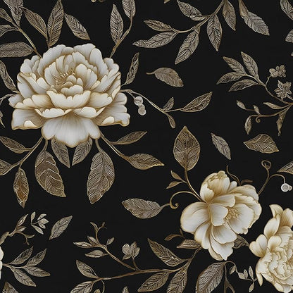 Laatse Floral Wallpaper Peel and Stick, Golden/White Flowers Contact Paper 17.5" x 393.7", Black Botanical Wall Paper Self Adhesive Waterproof Removable for Room Shelves Cabinet Drawer Table Decor