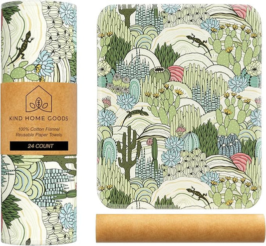 Reusable Cloth Towels - 12' x 10' Cotton Flannel Kitchen Cloth - 24 Count - Cactus
