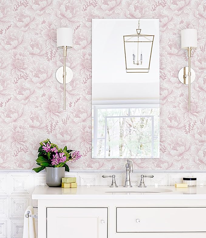 Guvana Floral Peel and Stick Wallpaper Boho Contact Paper Pink and White Wall Paper Modern Removable Wallpaper for Bedroom Bathroom Nursery Mural Wall Self Adhesive Waterproof Vinyl Roll 17.3in×394in