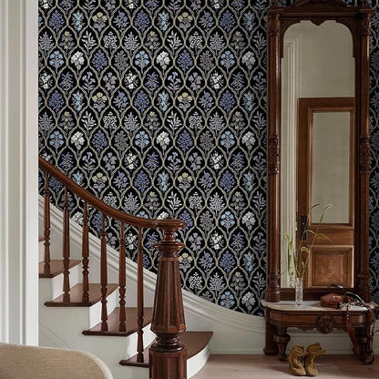 Dimoon 78.7"x17.3" Peel and Stick Wallpaper Contact Paper Floral Vintage Black Wallpaper Modern Removable Wall Paper Self Adhesive Boho Contactpaper for Cabinets Drawers Blue Bedroom Thicken Vinyl