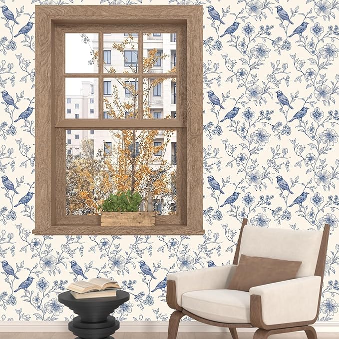 Beige Wallpaper Peel and Stick Blue Floral Bird Vintage Contact Paper 17.5" x 118" Boho Animal Self Adhesive Waterproof Removable for Bathroom Shelves Cabinet Drawer Table Decor Renter Friendly