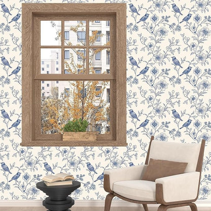 Beige Wallpaper Peel and Stick Blue Floral Bird Vintage Contact Paper 17.5" x 118" Boho Animal Self Adhesive Waterproof Removable for Bathroom Shelves Cabinet Drawer Table Decor Renter Friendly