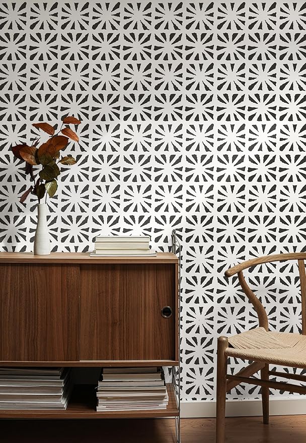 Dimoon 17.3''x157'' Peel and Stick Wallpaper Modern Black White Boho Contact Paper Geometric Vintage Thickening Embossed Cream Self Adhesive Renter Friendly Wall Paper for Bedroom Bathroom Vinyl Roll