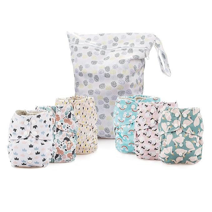 Simple Being Reusable Cloth Diapers- One Size Adjustable, Washable Soft Absorbent, Waterproof Cover, Eco-Friendly Unisex Baby Girl Boy, six 4-Layers Microfiber Inserts (Whimsical)