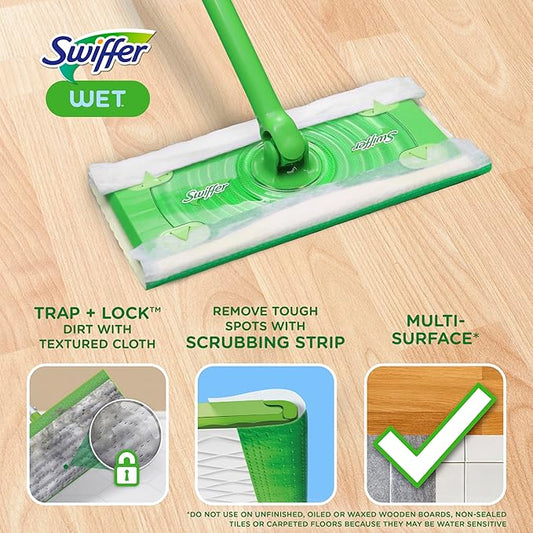 Swiffer Sweep + Mop, Wet Pads Refill, Floor Cleaner for Dirt, Dust, Hair, Cleaning Cloths for Mopping Home, Bathroom, Kitchen, All Purpose Multi-Surface Floor Wipes, Fresh, 24ct
