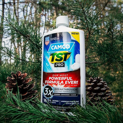 Camco TST PRO Camper/RV Toilet Treatment - Innovative Bio-Enzymatic Formula -Fastest Odor Stopper & RV Sewer Waste Breakdown - RV Black Tank Treatment - Fresh Pine Scent - Septic-Safe, 32-Oz (41771)