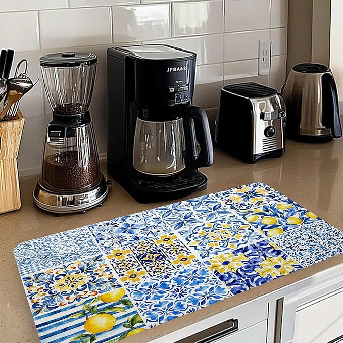 Mediterranean Tiles Dish Drying Mat, Blue White Italy Lemons Coffee Bar Mat for Countertops, Vintage Azulejo Absorbent Dish Drying Mats for Kitchen Counter Coffee Maker, 16x24 Inch