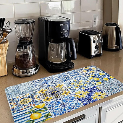 Mediterranean Tiles Dish Drying Mat, Blue White Italy Lemons Coffee Bar Mat for Countertops, Vintage Azulejo Absorbent Dish Drying Mats for Kitchen Counter Coffee Maker, 16x24 Inch