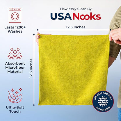 USANOOKS Microfiber Cleaning Cloth Yellow - 100 Pcs 12.5"x12.5" - High Performance - 1200 Washes, Ultra Absorbent Towels Weave Grime & Liquid for Streak-Free Mirror Shine - Car Washing Cloth