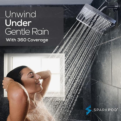 SparkPod Shower Head - High Pressure Rain - Premium Quality Luxury Design - Easy Clean Adjustable Replacement for Your Bathroom Shower Heads (Charcoal Grey, 8 Inch Square)