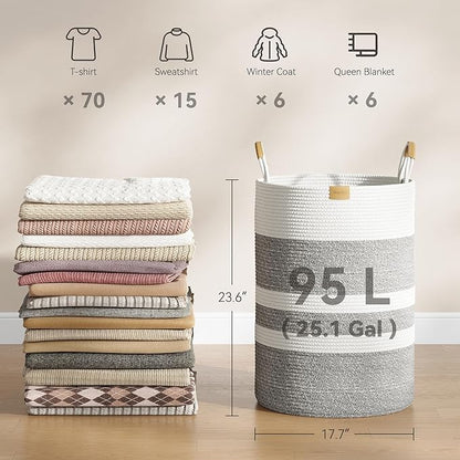 95L Striped Laundry Hamper with Leather Handles,Large Foldable Laundry Basket for Clothes,Cotton Rope Storage Bin for Blankets,Woven Clothes Basket for Bedroom,Gray Stripes