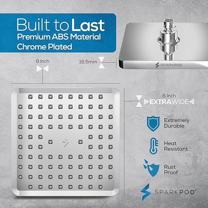 SparkPod Shower Head - High Pressure Rain - Premium Quality Luxury Design - Easy Clean Adjustable Replacement for Your Bathroom Shower Heads (Luxury Polished Chrome, 8 Inch Square)