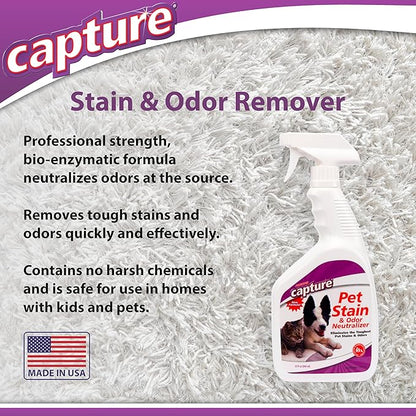 Capture Pet Stain & Odor Remover - Enzyme Pet Odor Eliminator for Home, Carpet Stain Remover for Cats & Dog Pee, Cat Urine Destroyer, Carpet Cleaner Spray - 32oz Portable Spray Bottle (2 Pack)