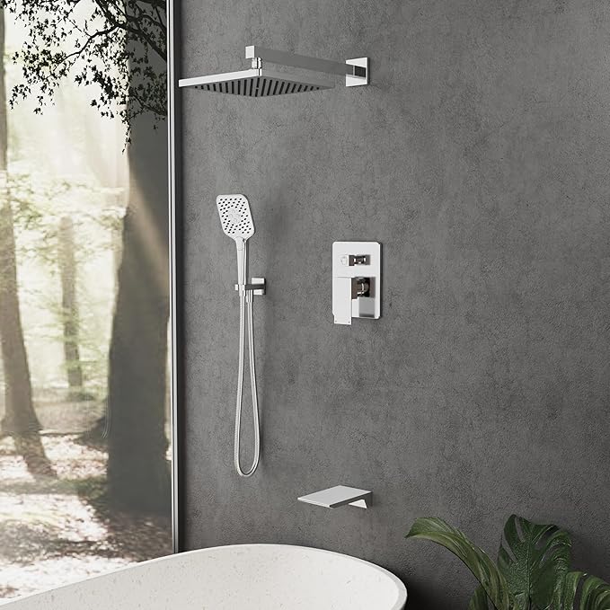 Gabrylly Shower System with Tub Spout, Wall Mounted Tub Shower Faucet Set for Bathroom with High Pressure 10" Rain Shower head and 3-Setting Handheld Shower Head Set, Chrome