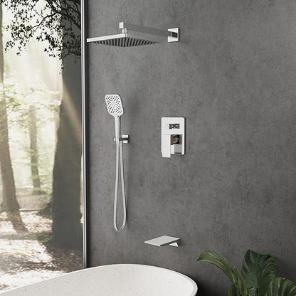 Gabrylly Shower System with Tub Spout, Wall Mounted Tub Shower Faucet Set for Bathroom with High Pressure 10" Rain Shower head and 3-Setting Handheld Shower Head Set, Chrome