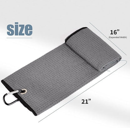 Mile High Life Tri-fold Golf Towel | 16" X 24" | Premium Microfiber Fabric | Waffle Pattern | with Heavy Duty Carabiner Clip | for Men and Women (2 Pack Dark Gray)
