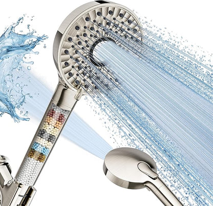 Magichome Filtered Shower Head with Handheld, High Pressure 10-Spd Detachable Chrome Showerhead with Stainless Hose, Water Softener Filter Beads for Hard Water - Remove Chlorine, Brushed Nickel-Silver