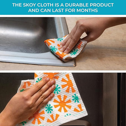 Skoy Cloth 2-Pack Eco-Friendly & Reusable Swedish Dishcloth, for Kitchen & Household Use, Plastic-Free Packaging, Dishwasher Safe, Designer Series – Connections/Sunburst, White Skoy Cloth